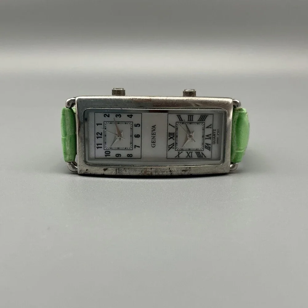 Geneva Womens Watch 21mm White MOP Dual Time Dial Green Leather New Battery
